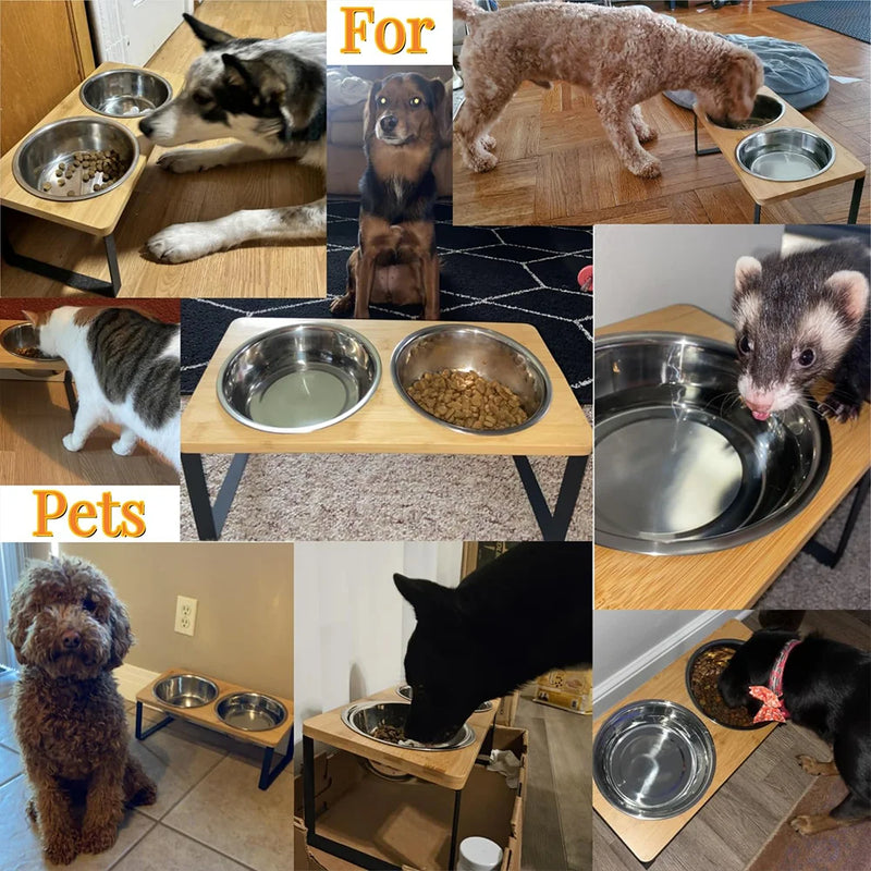 Cat Bowl Elevated 2 In 1 Feeder Bowl Cats Food Water Dish Anti-slip Wooden Stand Feeding Bowl Accessories Neck Protection
