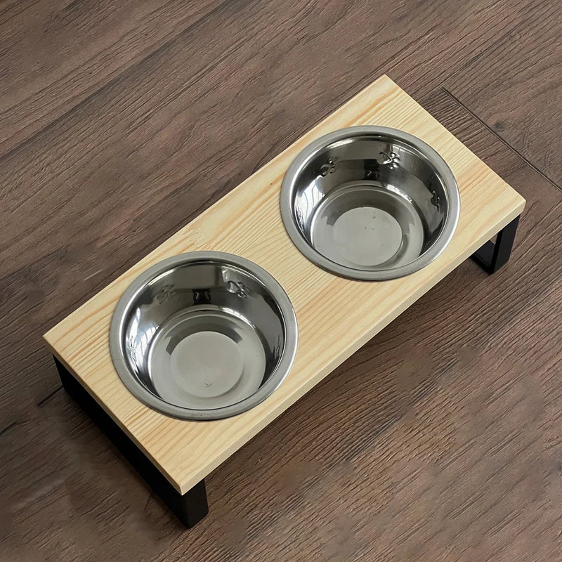 Cat Bowl Elevated 2 In 1 Feeder Bowl Cats Food Water Dish Anti-slip Wooden Stand Feeding Bowl Accessories Neck Protection