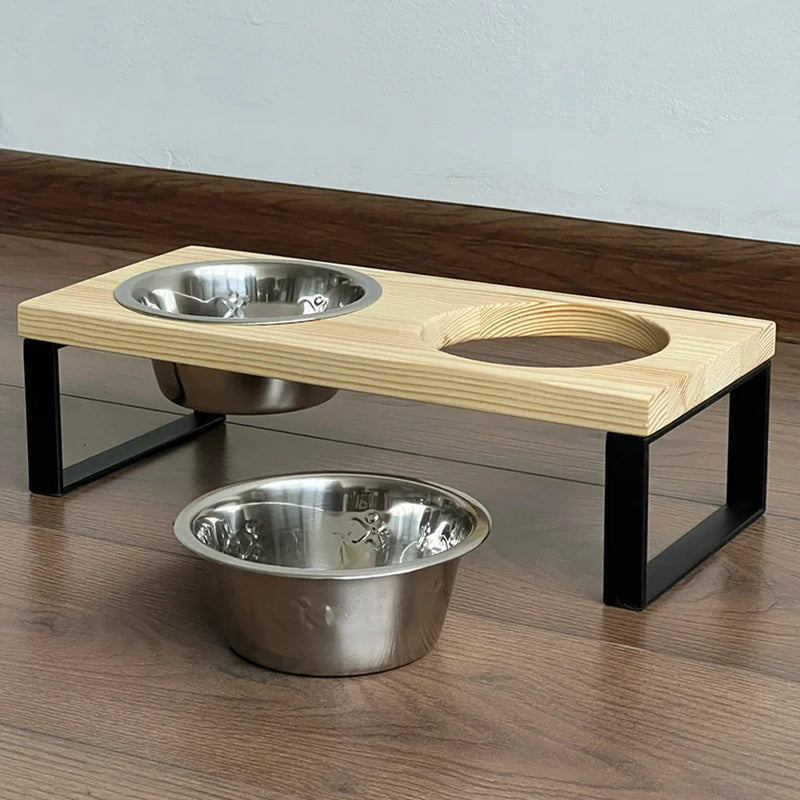 Cat Bowl Elevated 2 In 1 Feeder Bowl Cats Food Water Dish Anti-slip Wooden Stand Feeding Bowl Accessories Neck Protection