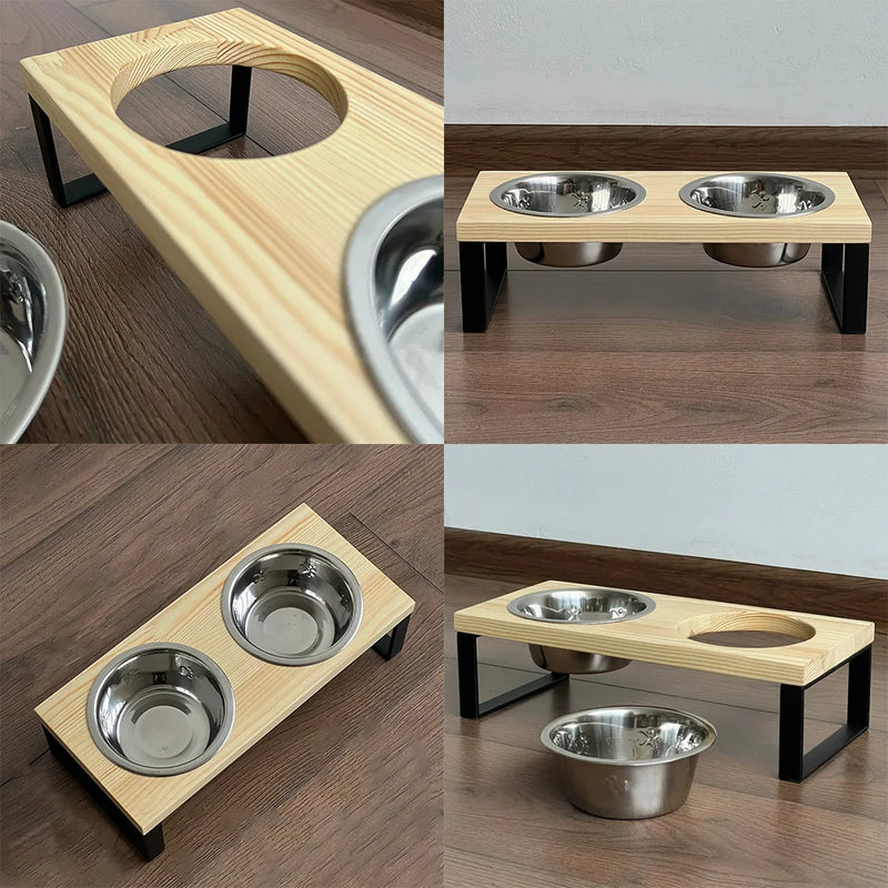 Cat Bowl Elevated 2 In 1 Feeder Bowl Cats Food Water Dish Anti-slip Wooden Stand Feeding Bowl Accessories Neck Protection